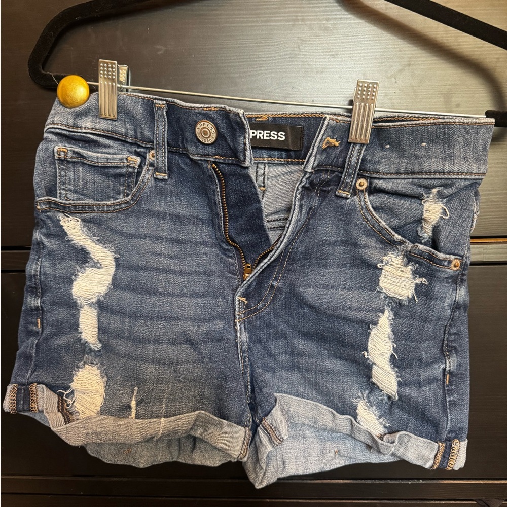 Express Women's Ripped Dark Blue Jean Shorts